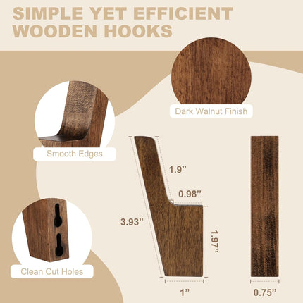 Walnut Wall Hooks, Wall Mount Wooden Coat Hooks for Entryway Cubicle, Brown, 4 Pcs.