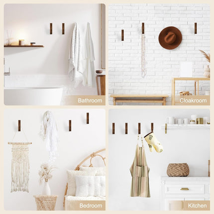 Walnut Wall Hooks, Wall Mount Wooden Coat Hooks for Entryway Cubicle, Brown, 4 Pcs.