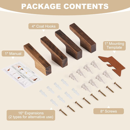 Walnut Wall Hooks, Wall Mount Wooden Coat Hooks for Entryway Cubicle, Brown, 4 Pcs.