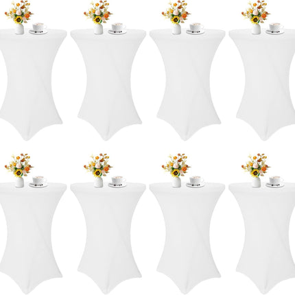8 Pack Cocktail Table Covers 32x43 Inch Fitted Stretch Spandex Square Corners White Table Cover High Top Cocktail Round Tablecloth for Party, Wedding, Birthday, Banquet(White).