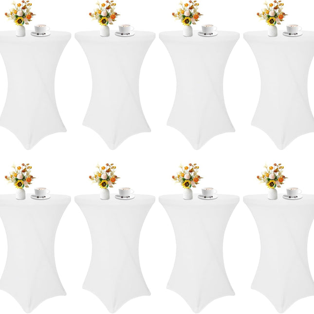 8 Pack Cocktail Table Covers 32x43 Inch Fitted Stretch Spandex Square Corners White Table Cover High Top Cocktail Round Tablecloth for Party, Wedding, Birthday, Banquet(White).