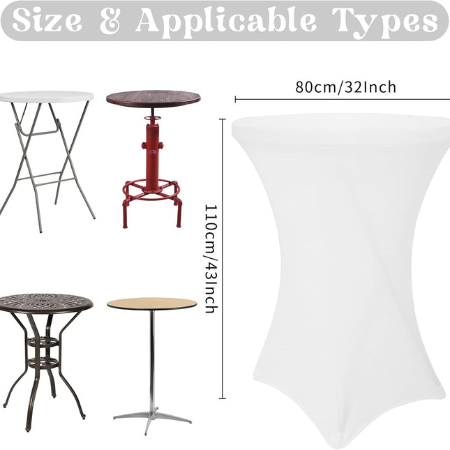 8 Pack Cocktail Table Covers 32x43 Inch Fitted Stretch Spandex Square Corners White Table Cover High Top Cocktail Round Tablecloth for Party, Wedding, Birthday, Banquet(White).