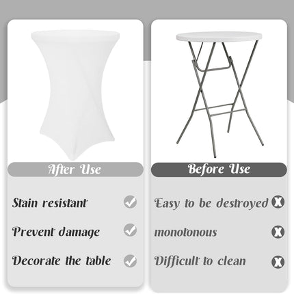 8 Pack Cocktail Table Covers 32x43 Inch Fitted Stretch Spandex Square Corners White Table Cover High Top Cocktail Round Tablecloth for Party, Wedding, Birthday, Banquet(White).