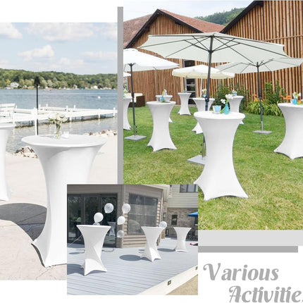 8 Pack Cocktail Table Covers 32x43 Inch Fitted Stretch Spandex Square Corners White Table Cover High Top Cocktail Round Tablecloth for Party, Wedding, Birthday, Banquet(White).