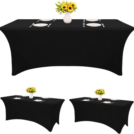 3 Pack Table Cloth 6ft Black Tablecloths for Rectangle Folding Table Spandex Fitted Stretch Cover Wrinkle Resistant Washable Protector for Party, Wedding, Banquet, Festival.