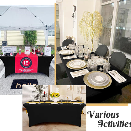 3 Pack Table Cloth 6ft Black Tablecloths for Rectangle Folding Table Spandex Fitted Stretch Cover Wrinkle Resistant Washable Protector for Party, Wedding, Banquet, Festival.