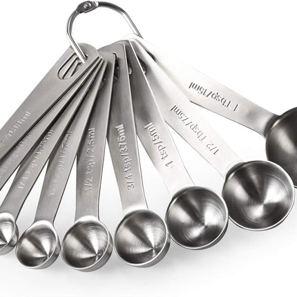 Measuring Spoons:  18/8 Stainless Steel Measuring Spoons Set of 9 Piece: 1/16 TSP, 1/8 TSP, 1/4 TSP, 1/3 TSP, 1/2 TSP, 3/4 TSP, 1 TSP, 1/2 tbsp & 1 tbsp Dry and Liquid Ingredients.