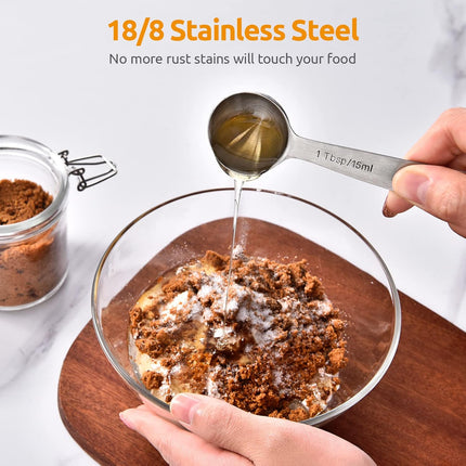 Measuring Spoons:  18/8 Stainless Steel Measuring Spoons Set of 9 Piece: 1/16 TSP, 1/8 TSP, 1/4 TSP, 1/3 TSP, 1/2 TSP, 3/4 TSP, 1 TSP, 1/2 tbsp & 1 tbsp Dry and Liquid Ingredients.