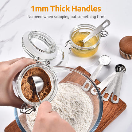 Measuring Spoons:  18/8 Stainless Steel Measuring Spoons Set of 9 Piece: 1/16 TSP, 1/8 TSP, 1/4 TSP, 1/3 TSP, 1/2 TSP, 3/4 TSP, 1 TSP, 1/2 tbsp & 1 tbsp Dry and Liquid Ingredients.