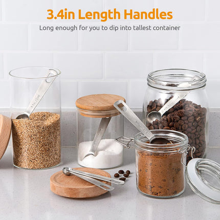 Measuring Spoons:  18/8 Stainless Steel Measuring Spoons Set of 9 Piece: 1/16 TSP, 1/8 TSP, 1/4 TSP, 1/3 TSP, 1/2 TSP, 3/4 TSP, 1 TSP, 1/2 tbsp & 1 tbsp Dry and Liquid Ingredients.