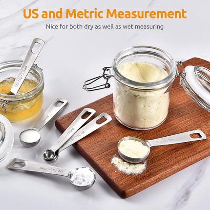 Measuring Spoons:  18/8 Stainless Steel Measuring Spoons Set of 9 Piece: 1/16 TSP, 1/8 TSP, 1/4 TSP, 1/3 TSP, 1/2 TSP, 3/4 TSP, 1 TSP, 1/2 tbsp & 1 tbsp Dry and Liquid Ingredients.