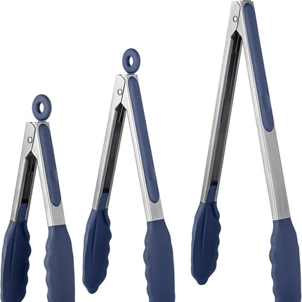 600ºF Heat Resistant Kitchen Tongs:  7/9/12 inch Silicone Cooking Tong Set with Non Stick Rubber Tips and Silicon Coated 18/8 Stainless Steel Handle for Serving Grilling Salad(Midnight Blue).