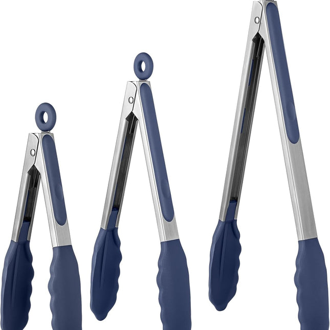 600ºF Heat Resistant Kitchen Tongs:  7/9/12 inch Silicone Cooking Tong Set with Non Stick Rubber Tips and Silicon Coated 18/8 Stainless Steel Handle for Serving Grilling Salad(Midnight Blue).