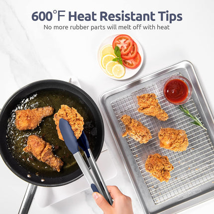 600ºF Heat Resistant Kitchen Tongs:  7/9/12 inch Silicone Cooking Tong Set with Non Stick Rubber Tips and Silicon Coated 18/8 Stainless Steel Handle for Serving Grilling Salad(Midnight Blue).