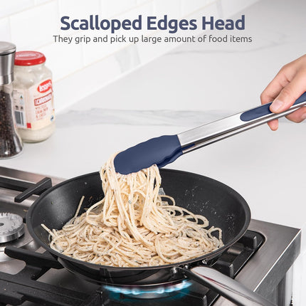 600ºF Heat Resistant Kitchen Tongs:  7/9/12 inch Silicone Cooking Tong Set with Non Stick Rubber Tips and Silicon Coated 18/8 Stainless Steel Handle for Serving Grilling Salad(Midnight Blue).