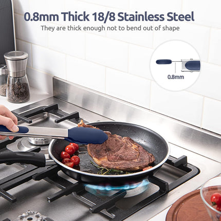 600ºF Heat Resistant Kitchen Tongs:  7/9/12 inch Silicone Cooking Tong Set with Non Stick Rubber Tips and Silicon Coated 18/8 Stainless Steel Handle for Serving Grilling Salad(Midnight Blue).