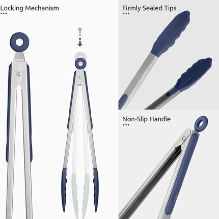 600ºF Heat Resistant Kitchen Tongs:  7/9/12 inch Silicone Cooking Tong Set with Non Stick Rubber Tips and Silicon Coated 18/8 Stainless Steel Handle for Serving Grilling Salad(Midnight Blue).