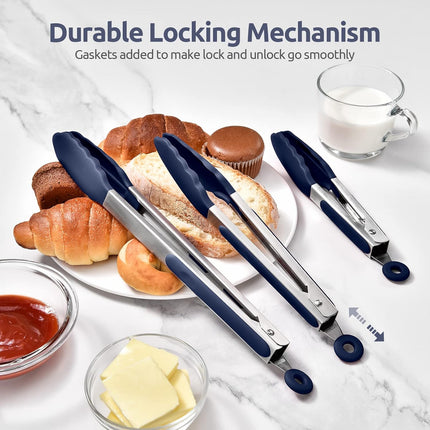 600ºF Heat Resistant Kitchen Tongs:  7/9/12 inch Silicone Cooking Tong Set with Non Stick Rubber Tips and Silicon Coated 18/8 Stainless Steel Handle for Serving Grilling Salad(Midnight Blue).