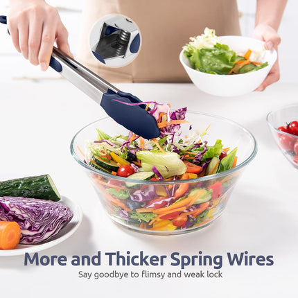 600ºF Heat Resistant Kitchen Tongs:  7/9/12 inch Silicone Cooking Tong Set with Non Stick Rubber Tips and Silicon Coated 18/8 Stainless Steel Handle for Serving Grilling Salad(Midnight Blue).