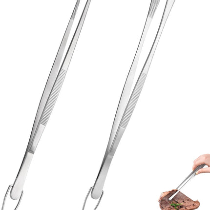 12" Kitchen Cooking Tweezer Set: 18/8 Stainless Steel Food-Grade Metal Food Tong, Flexible Pinching, Seamless-Welding, Sturdy and Non-Slip for Serving, Grilling, Frying (Round & Pointed Tip).