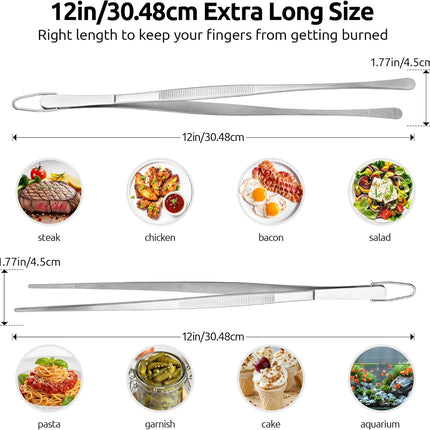 12" Kitchen Cooking Tweezer Set: 18/8 Stainless Steel Food-Grade Metal Food Tong, Flexible Pinching, Seamless-Welding, Sturdy and Non-Slip for Serving, Grilling, Frying (Round & Pointed Tip).