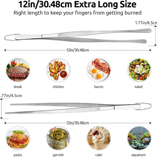 12" Kitchen Cooking Tweezer Set: 18/8 Stainless Steel Food-Grade Metal Food Tong, Flexible Pinching, Seamless-Welding, Sturdy and Non-Slip for Serving, Grilling, Frying (Round & Pointed Tip).