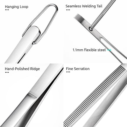12" Kitchen Cooking Tweezer Set: 18/8 Stainless Steel Food-Grade Metal Food Tong, Flexible Pinching, Seamless-Welding, Sturdy and Non-Slip for Serving, Grilling, Frying (Round & Pointed Tip).