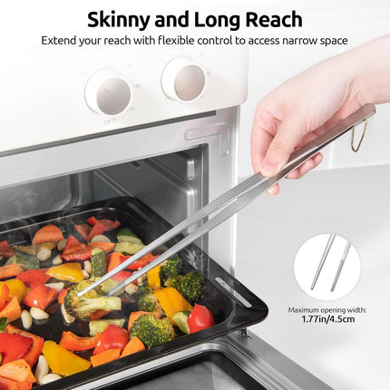 12" Kitchen Cooking Tweezer Set: 18/8 Stainless Steel Food-Grade Metal Food Tong, Flexible Pinching, Seamless-Welding, Sturdy and Non-Slip for Serving, Grilling, Frying (Round & Pointed Tip).