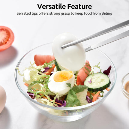 12" Kitchen Cooking Tweezer Set: 18/8 Stainless Steel Food-Grade Metal Food Tong, Flexible Pinching, Seamless-Welding, Sturdy and Non-Slip for Serving, Grilling, Frying (Round & Pointed Tip).
