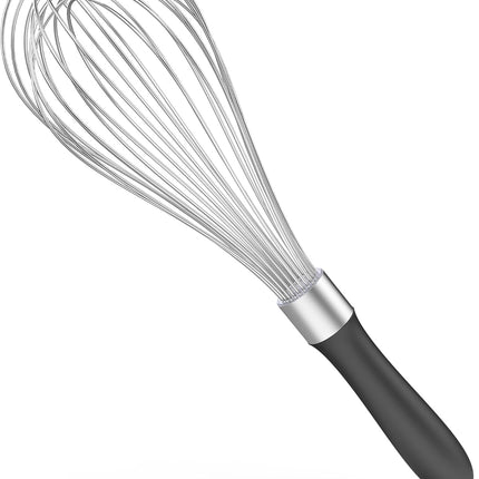 Balloon Whisk for Cooking: 18/10 Stainless Steel Kitchen Wire Whisk, 12in Large Heavy Duty Egg Beater, Manual Mixing Tool with 12 High Flex Wires for Stirring, Blending Sauce (Black).