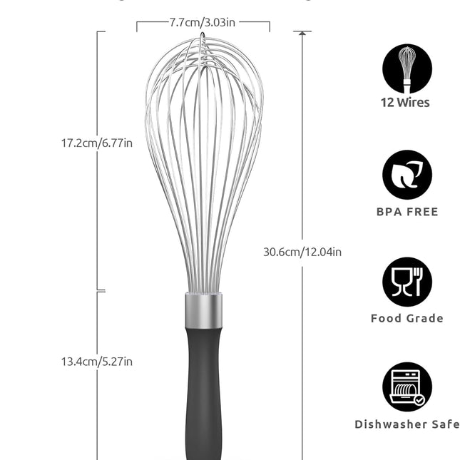 Balloon Whisk for Cooking: 18/10 Stainless Steel Kitchen Wire Whisk, 12in Large Heavy Duty Egg Beater, Manual Mixing Tool with 12 High Flex Wires for Stirring, Blending Sauce (Black).