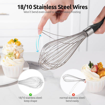 Balloon Whisk for Cooking: 18/10 Stainless Steel Kitchen Wire Whisk, 12in Large Heavy Duty Egg Beater, Manual Mixing Tool with 12 High Flex Wires for Stirring, Blending Sauce (Black).