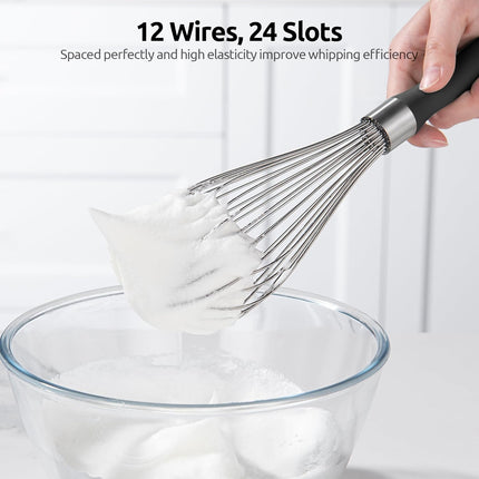 Balloon Whisk for Cooking: 18/10 Stainless Steel Kitchen Wire Whisk, 12in Large Heavy Duty Egg Beater, Manual Mixing Tool with 12 High Flex Wires for Stirring, Blending Sauce (Black).