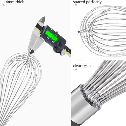 Balloon Whisk for Cooking: 18/10 Stainless Steel Kitchen Wire Whisk, 12in Large Heavy Duty Egg Beater, Manual Mixing Tool with 12 High Flex Wires for Stirring, Blending Sauce (Black).