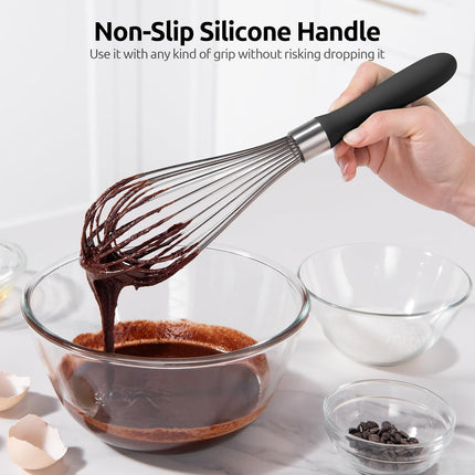 Balloon Whisk for Cooking: 18/10 Stainless Steel Kitchen Wire Whisk, 12in Large Heavy Duty Egg Beater, Manual Mixing Tool with 12 High Flex Wires for Stirring, Blending Sauce (Black).