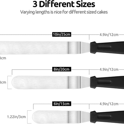 Icing Spatula,  Offset Spatula Set with 6", 8", 10" Blade,Stainless Steel Angled Cake Decorating Frosting Spatula Set of 3 (Black).