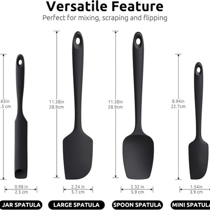 600ºF Heat Resistant Silicone Spatulas: Flexible Food-Grade Silicon Baking Scraper, Kitchen Cooking Mixing Utensils with Upgraded Sturdy Handle Tip for Nonstick Cookware (4-Pc., Black).