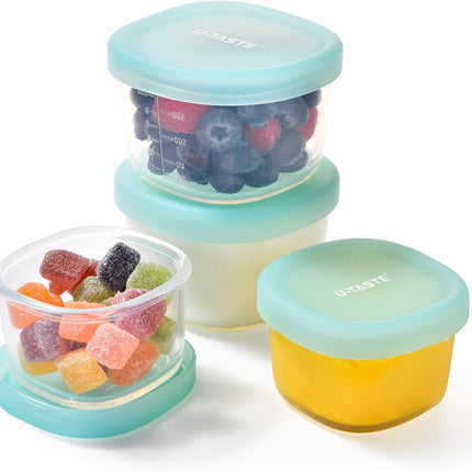 3oz 6oz Small Storage Containers: Food Grade Liquid-Silicone Freezer Box with Airtight Lid, Microwave Safe with Clear Measurements, Reusable for Meal Prepping Portion (Set of 4, Aqua Sky).