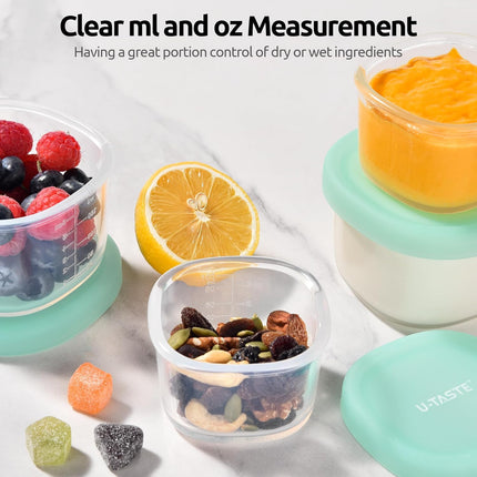 3oz 6oz Small Storage Containers: Food Grade Liquid-Silicone Freezer Box with Airtight Lid, Microwave Safe with Clear Measurements, Reusable for Meal Prepping Portion (Set of 4, Aqua Sky).