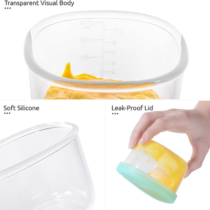 3oz 6oz Small Storage Containers: Food Grade Liquid-Silicone Freezer Box with Airtight Lid, Microwave Safe with Clear Measurements, Reusable for Meal Prepping Portion (Set of 4, Aqua Sky).