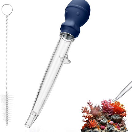 Aquarium Pipette Cleaner: 1.5oz Coral Feeder for Fish Tank Cleaning, Manual Feeding Tube, Food Grade Siphon Dropper, Waste Remover with Strong Suction & Stand & Brush (11.98in, Midnight Blue).