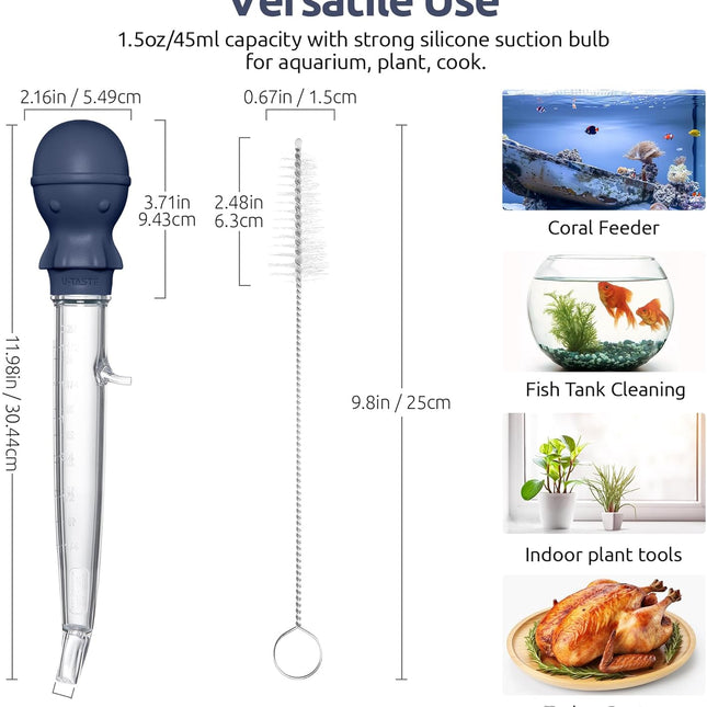 Aquarium Pipette Cleaner: 1.5oz Coral Feeder for Fish Tank Cleaning, Manual Feeding Tube, Food Grade Siphon Dropper, Waste Remover with Strong Suction & Stand & Brush (11.98in, Midnight Blue).