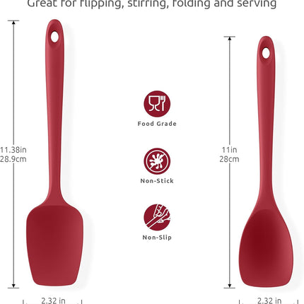 600ºF Heat Resistant Silicone Spoons:  Flexible Baking Spoon Spatula & Cooking Scoop Spoonula, Seamless Soft Kitchen Utensils for Serving, Scraping, Scooping in Non-Stick Cookware (Red).