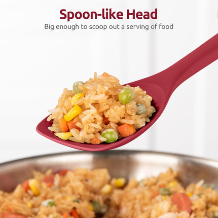 600ºF Heat Resistant Silicone Spoons:  Flexible Baking Spoon Spatula & Cooking Scoop Spoonula, Seamless Soft Kitchen Utensils for Serving, Scraping, Scooping in Non-Stick Cookware (Red).