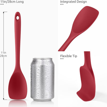 600ºF Heat Resistant Silicone Spoons:  Flexible Baking Spoon Spatula & Cooking Scoop Spoonula, Seamless Soft Kitchen Utensils for Serving, Scraping, Scooping in Non-Stick Cookware (Red).