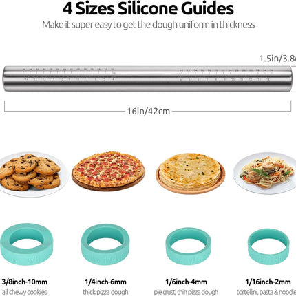 18/8 Stainless Steel 16 inch Adjustable Rolling Pin with Silicone Removable Thickness Rings, Nonstick Kitchen Roller Pin for Baking Cookies Pastry Pizza Pasta Dough Fondant (Teal/Aqua Sky).