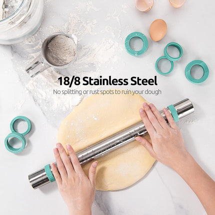 18/8 Stainless Steel 16 inch Adjustable Rolling Pin with Silicone Removable Thickness Rings, Nonstick Kitchen Roller Pin for Baking Cookies Pastry Pizza Pasta Dough Fondant (Teal/Aqua Sky).