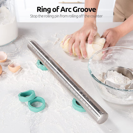 18/8 Stainless Steel 16 inch Adjustable Rolling Pin with Silicone Removable Thickness Rings, Nonstick Kitchen Roller Pin for Baking Cookies Pastry Pizza Pasta Dough Fondant (Teal/Aqua Sky).