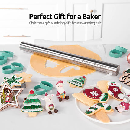 18/8 Stainless Steel 16 inch Adjustable Rolling Pin with Silicone Removable Thickness Rings, Nonstick Kitchen Roller Pin for Baking Cookies Pastry Pizza Pasta Dough Fondant (Teal/Aqua Sky).