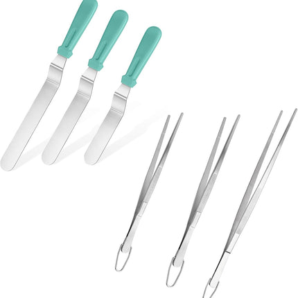 Icing Spatula,  Stainless Steel Angled Cake Decorating Frosting Spatula Set of 3 (Aqua Sky), and 8"+10"+12" Kitchen Cooking Tweezer: 18/8 Stainless Steel Metal Food Tong (Pointed Tip).